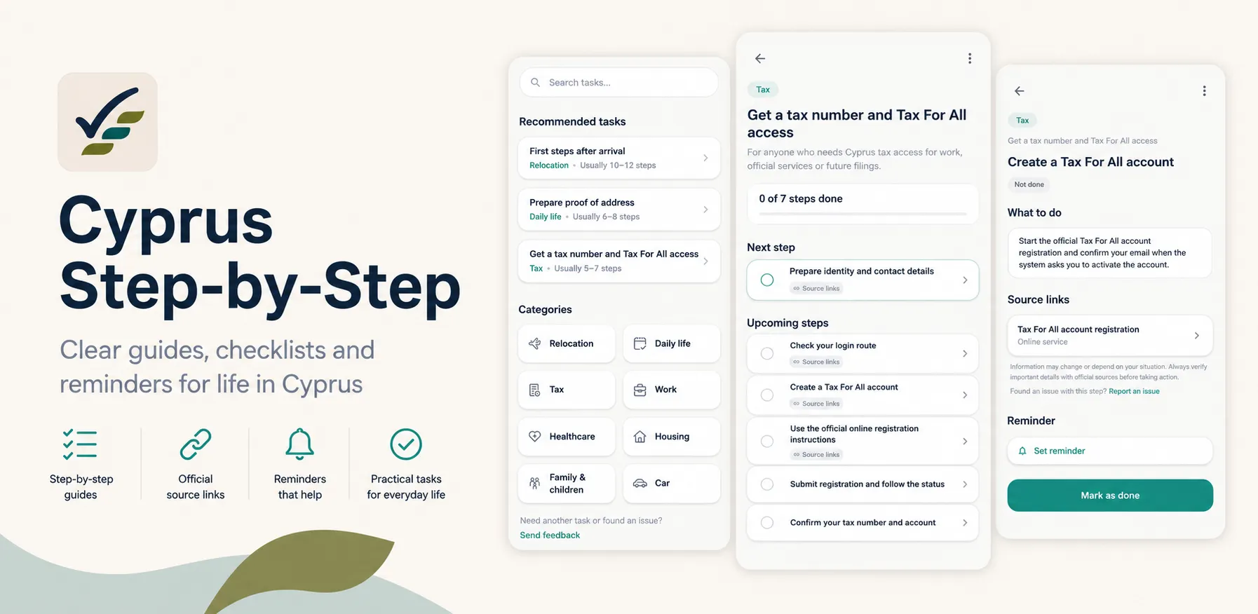 Cyprus Step-by-Step product overview showing the home screen, a personalized checklist and step details.
