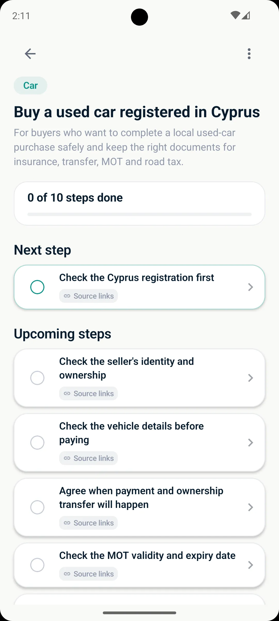 Personalized Buy a used car checklist generated from the questionnaire answers.