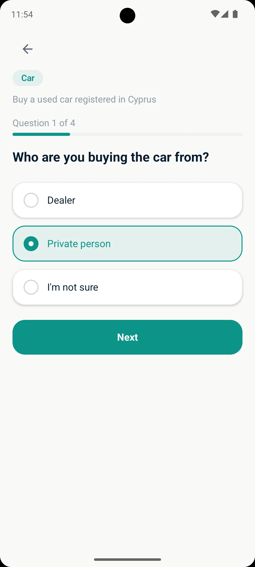 Buy a used car questionnaire with an answer selected.