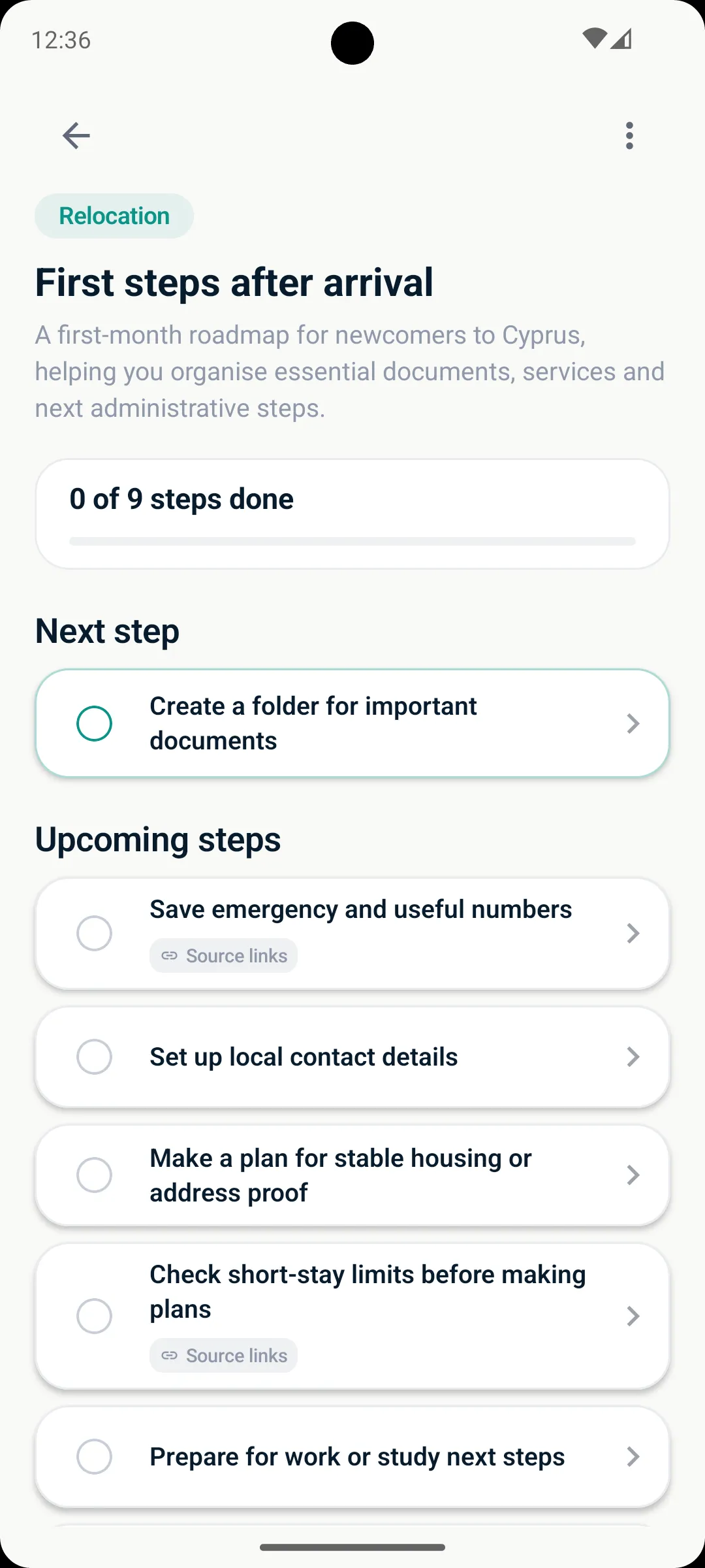 A 9-step checklist outcome for the First steps after arrival procedure.