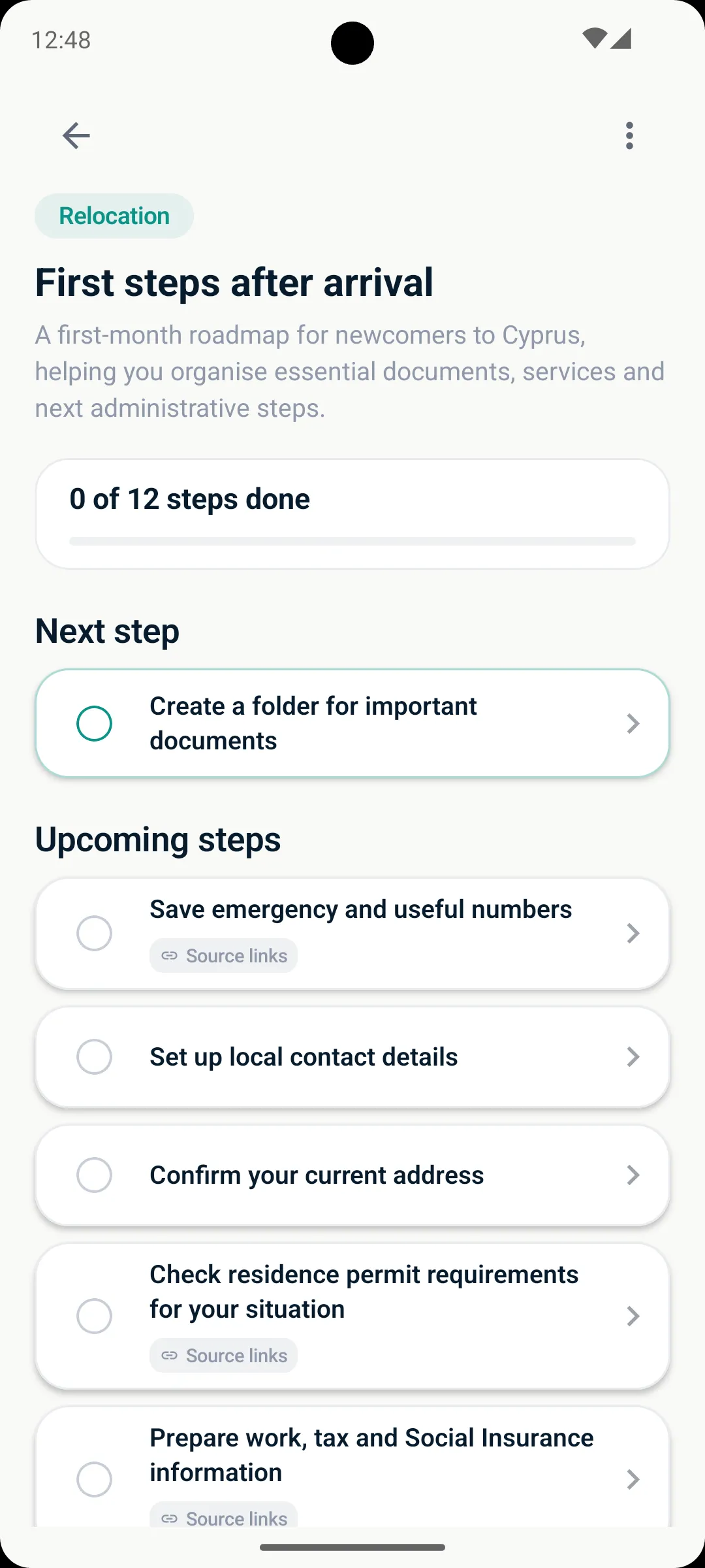 A 12-step checklist outcome for the same First steps after arrival procedure.